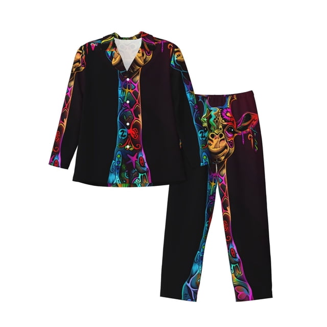 Balery Neon Psychedelic Giraffe Pijama para Hombre de Dos Piezas con Manga Larga, Conjunto de Dormir y Descanso Suave con Bolsillos-X-Large