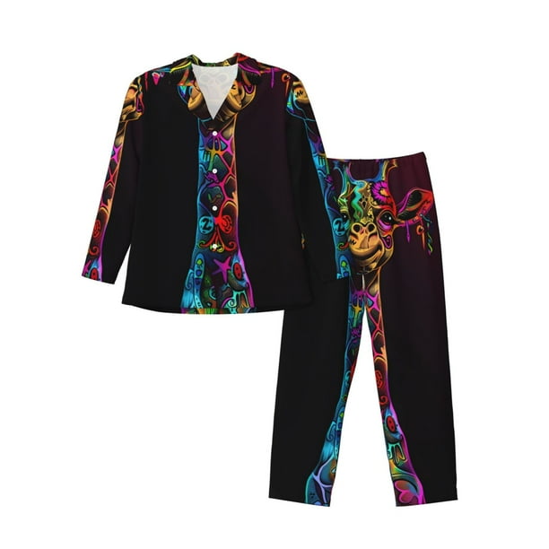 Balery Neon Psychedelic Giraffe Pijama para Hombre de Dos Piezas con Manga Larga, Conjunto de Dormir y Descanso Suave con Bolsillos-X-Large