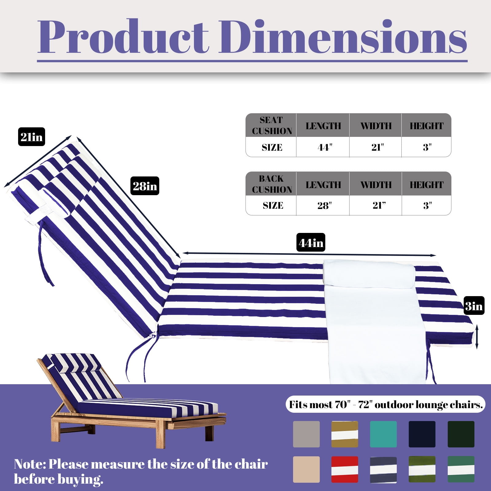 SDJPOI Outdoor Chaise Lounge Cushions, 72" x 21" x 3" Thick Patio Furniture Replacement Cushions, Waterproof Lounge Chair Cushion with Headrest & Ties for Pool Beach