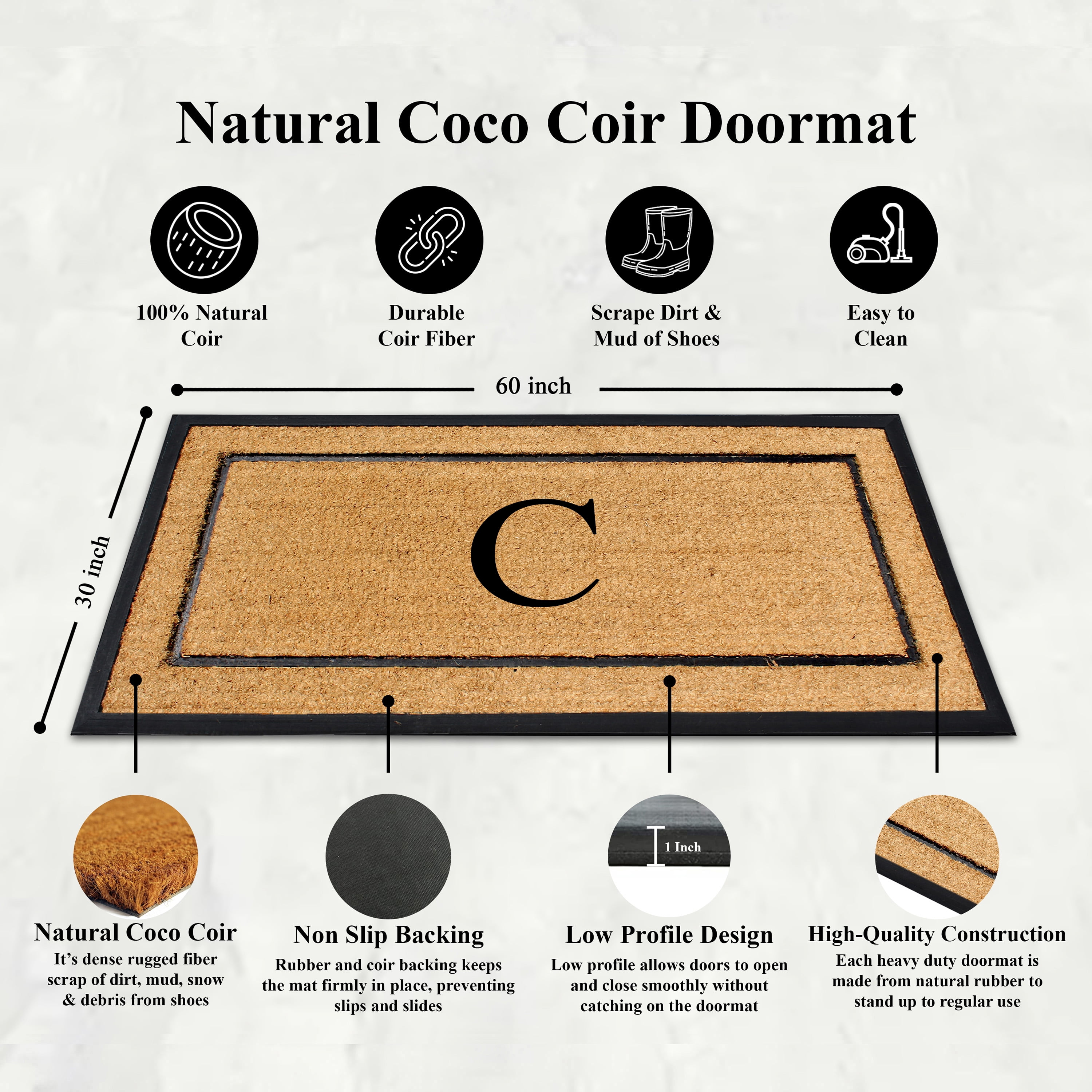 A1HC Natural Coir Monogrammed Doormat, Heavy-Duty Thin Profile Front Door Mat - 30"x60"