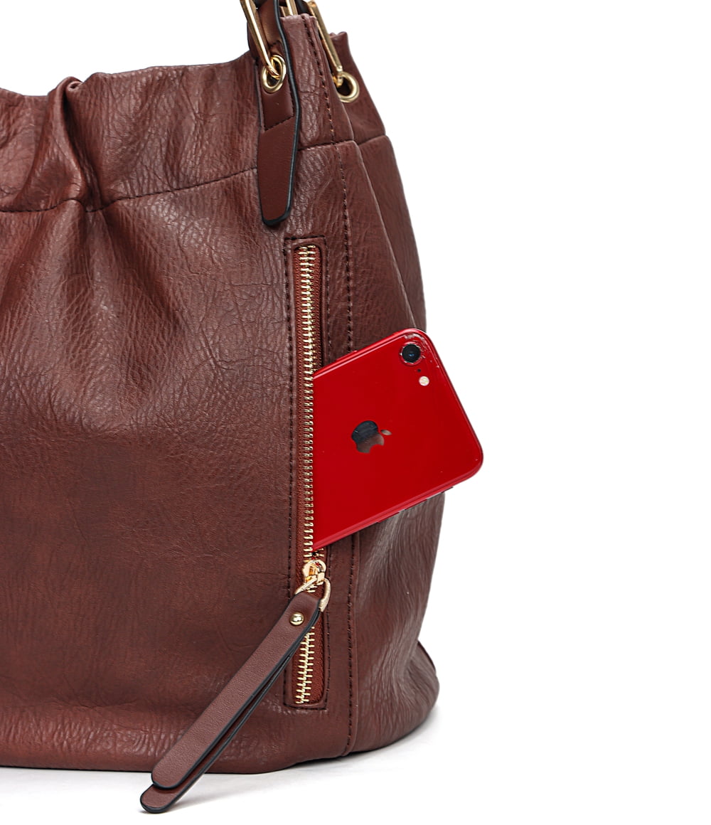 Capamaster Slouchy Hobo Handbag for Women, Soft Faux Leather Shoulder Purse with Top Handles and Front Zipper Pockets, Coffee