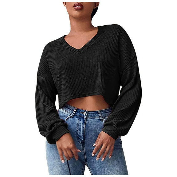 Sweaters For Women Spring And Autumn Solid Color V Neck Long Sleeve Casual Loose Navel Knitted Sweater Top L Womens Sweaters