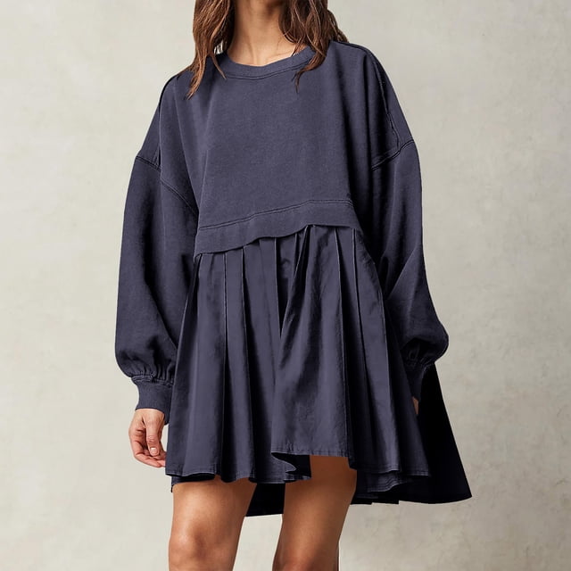 LSLJS Mode Robe Chandail Décontractée Surdimensionnée pour Femmes à Manches Longues à Col Rond, Mini-Robes Patchwork pour Dames, Robe Grande Taille pour Femmes Cadeaux pour Femmes