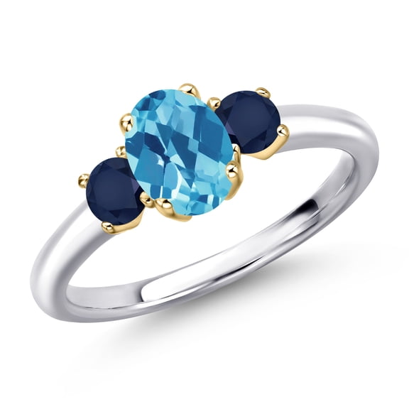 Gem Stone King 10K Two Tone Gold Swiss Blue Topaz and Blue Sapphire Engagement Ring for Women | 1.44 Cttw | Oval Checkerboard 7X5MM | Gemstone November Birthstone | Size 7