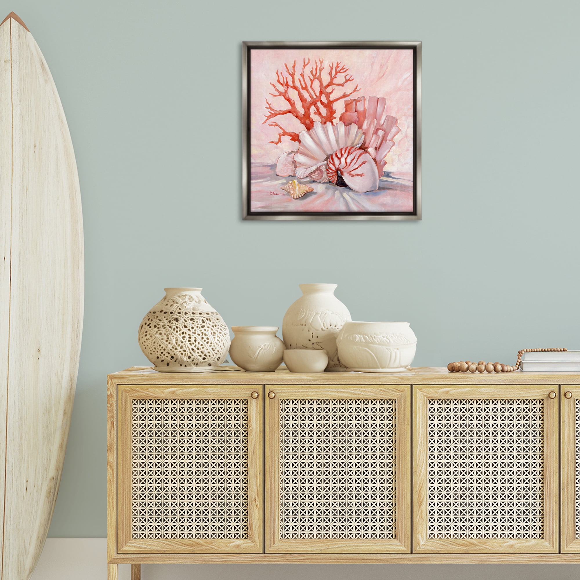 Stupell Industries Pink Coral Still Life Animals & Insects Painting Gray Floater Framed Canvas Art Print Wall Art, 25 x 25