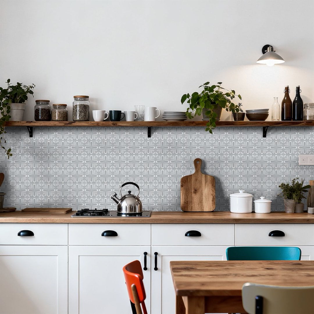 24Pcs Matte PVC Tile Sticker Waterproof Peel and Stick Backsplash 7.87" x 7.87" Gray White Flowers Wall Stickers Self Adhesive DIY Decor Decals