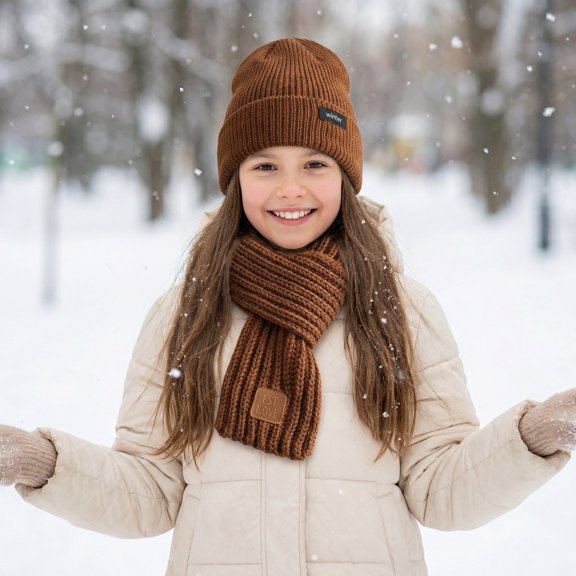 Kids Cozy Unisex Winter Beanie Hat and Scarf Set – Thick, Soft Knit for Warmth, Brown