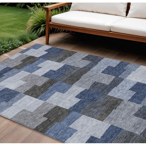 10' X 14' Navy Blue And Sky Blue Geometric Washable Indoor Outdoor Area Rug