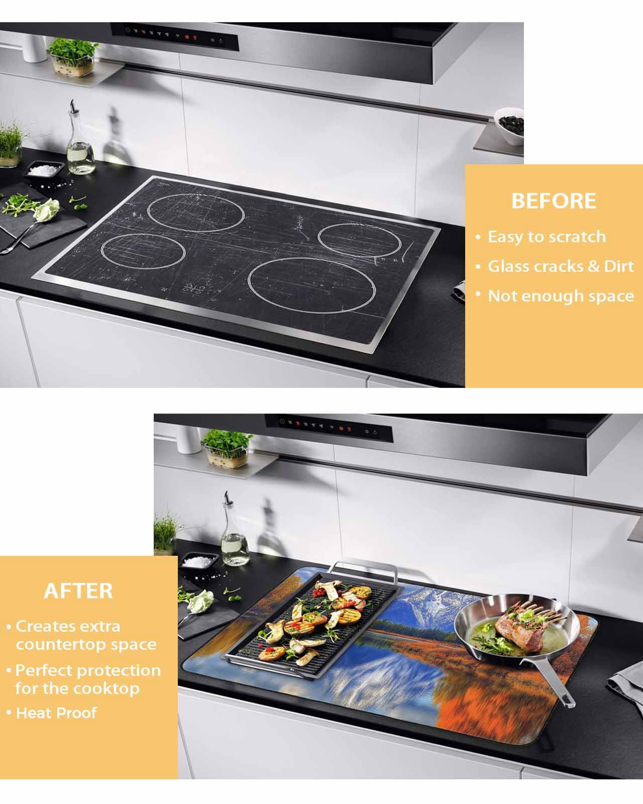 nqOlkjepod Large Induction Cooktop Protector Mat 24"x21", Blue Mountain Stove Top Covers for Electric Stove, Modern Art Yellow Forest Lake Decorative Stove Burner Cover Mats, Glass Top Stove Cover