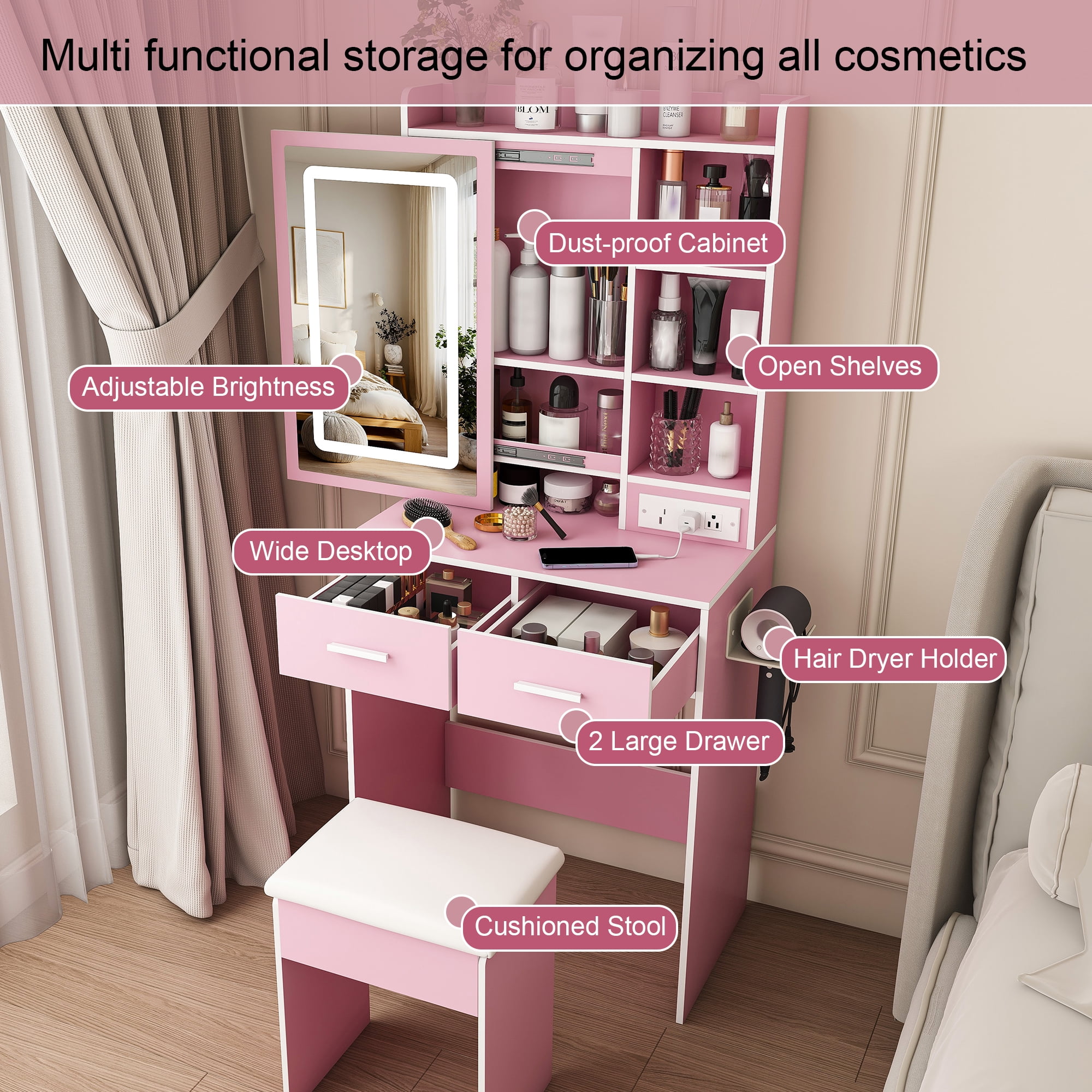 Mintazer Vanity Desk with LED Lighted Mirror, Power Outlets & Cushioned Stool, Makeup Vanity Table with Drawers & Storage Shelves for Girls Bedroom, Pink