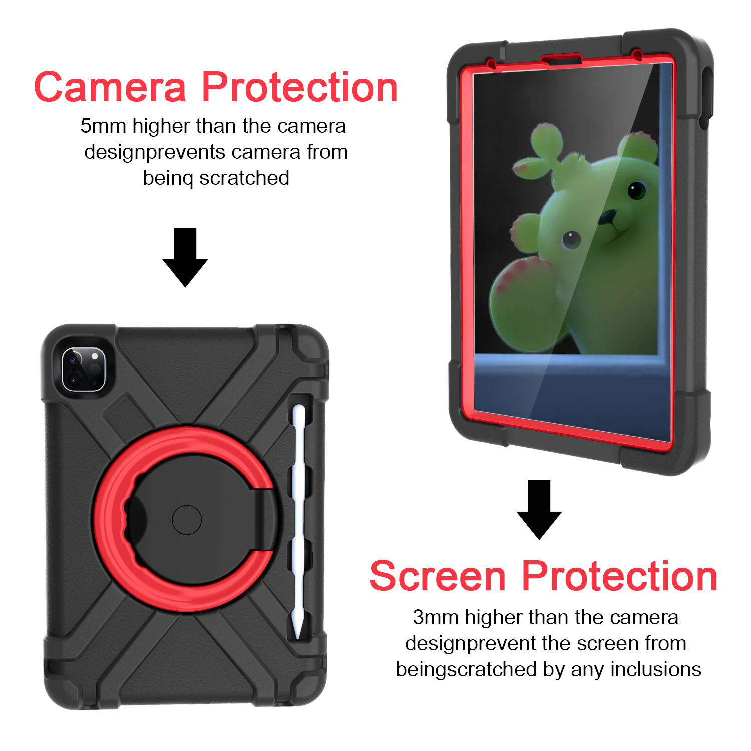 iPad Pro 11 2020 Case with Pencil Holder, Allytech Kids Friendly Case 360 Rotating Kickstand Heavy Duty Protective Shockproof Case Cover for Apple iPad Pro 11 2nd Generation 2020, Black/Red