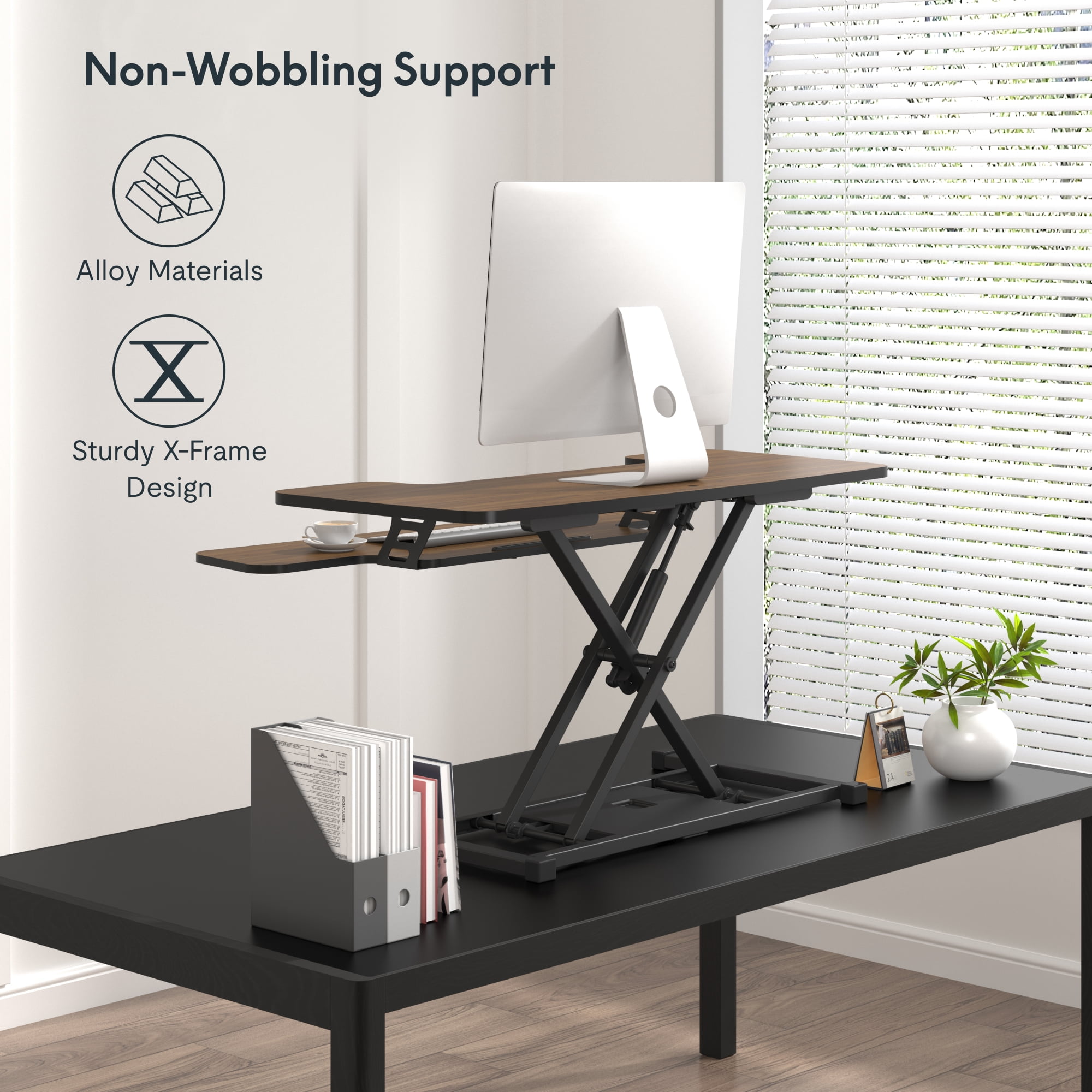 FitStand Home Office Height Adjustable Standing Desk Converter Walnut 35" U-Shape with Keyboard Tray