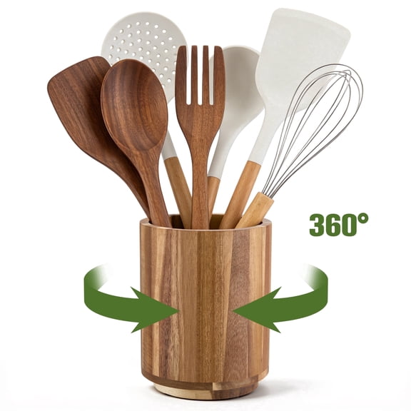 YTAKY Utensil Holder, 360° Rotating Bamboo Crock 7.3 x 5.9 Inch, Holds 10-15 Kitchen Tools, Farmhouse Counter Decor
