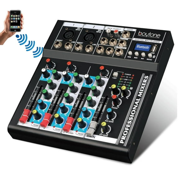 Boytone BT-34MX Professional Audio Mixer Sound Board Console System Interface 4 Channel Digital USB Bluetooth Digital MP3 Computer Input 48V Phantom Power Stereo DJ Studio Streaming FX processor