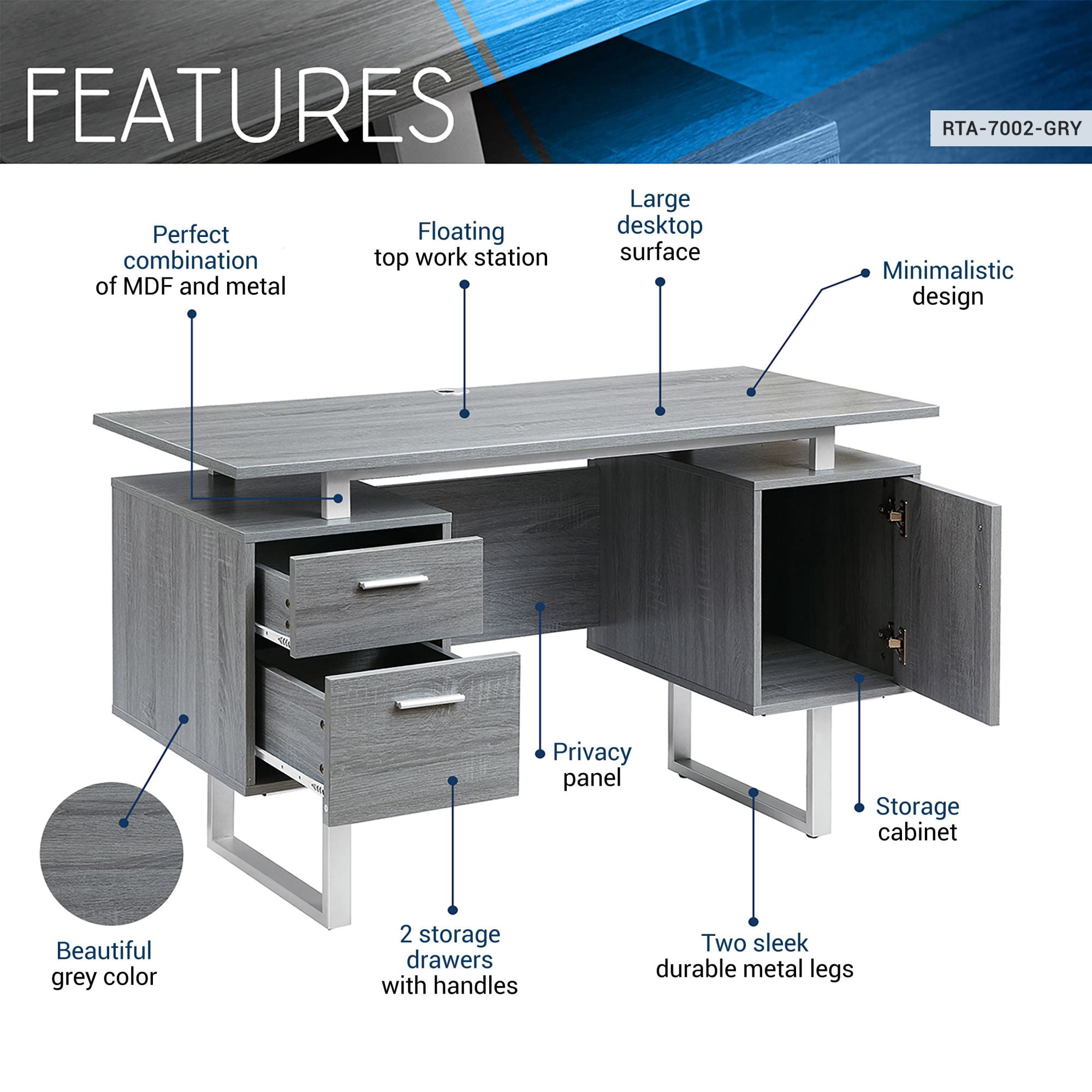 DEALTOPS Modern Computer Desk with Multiple Storage Spaces and Metal Frame for Home and Office -Gray