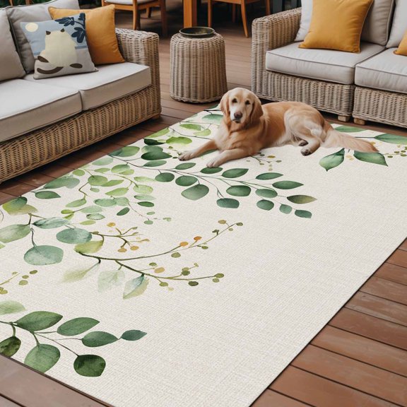 Outdoor Rug, Green Eucalyptus Leaves Watercolor Indoor Area Rug Outdoor Carpet RV Camping Rugs 6x9ft Retro Linen Outside Mat for Patio Picnic Porch Deck Balcony Backyard