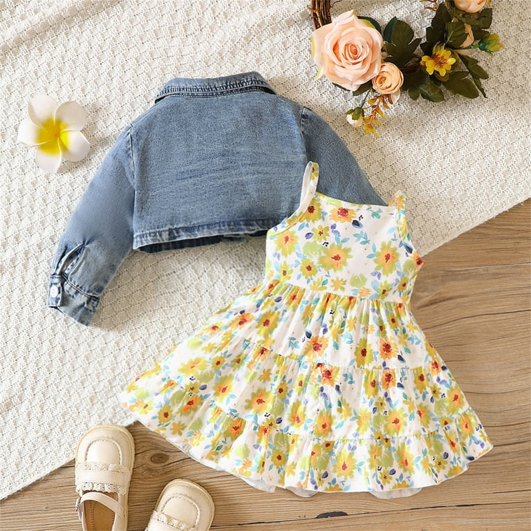 BAYAIXZ Little Girl Dresses Newborn Infant Baby Girls Spring Summer Floral Cotton Long Sleeve Coat Sleeveless Princess Dress Outfits Clothes Vestidos De Nina Yellow 12M Walmart