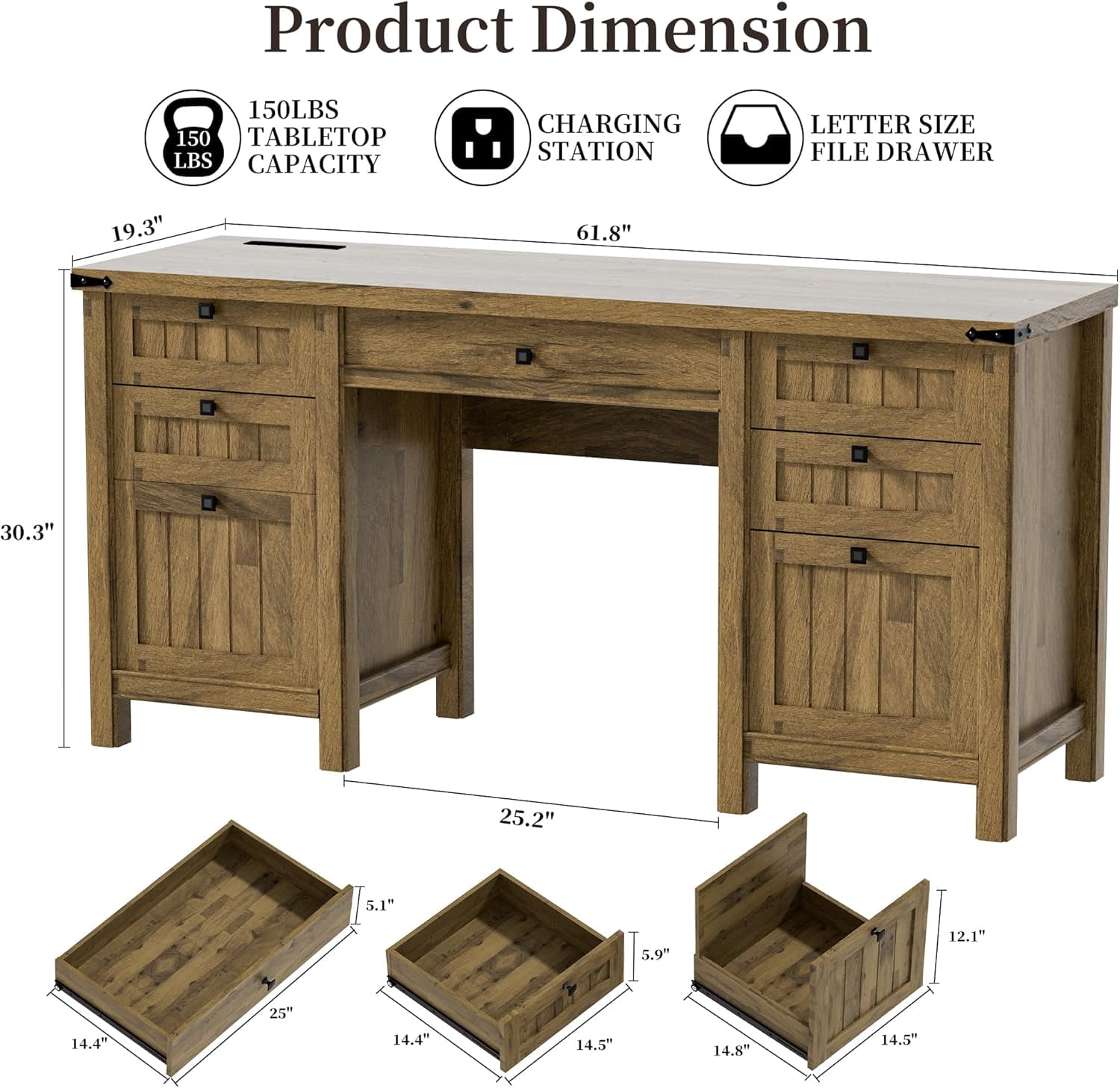 FIAKOA 62" Executive Desk, Modern Farmhouse Computer Desk with Drawers & Cabinet,Home Office Desk Writing Workspace for Work Study,Brown