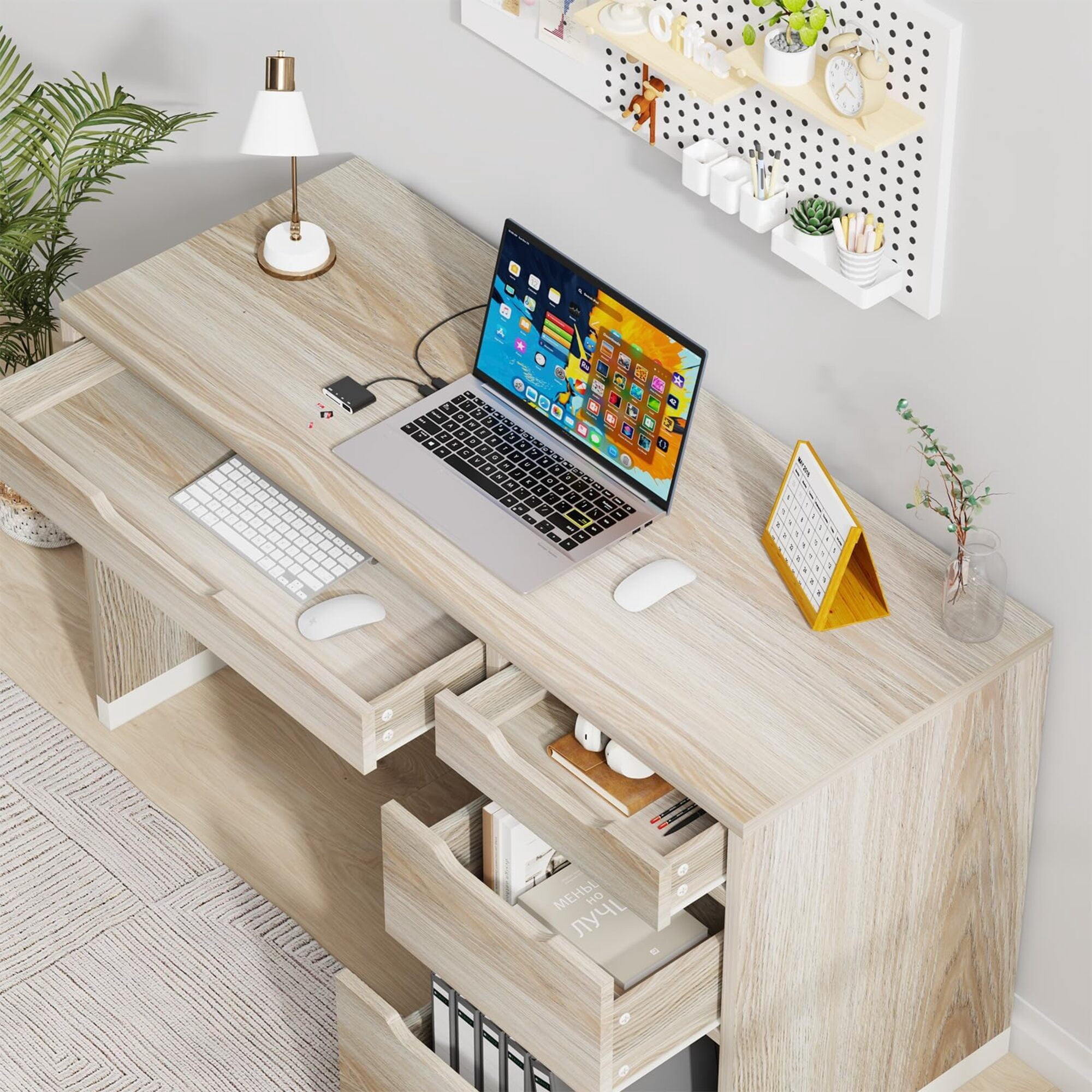 52-Inch 4-Drawer Natural Wood Computer Desk, Small Space Home Office Desk with Categorized Storage Drawers