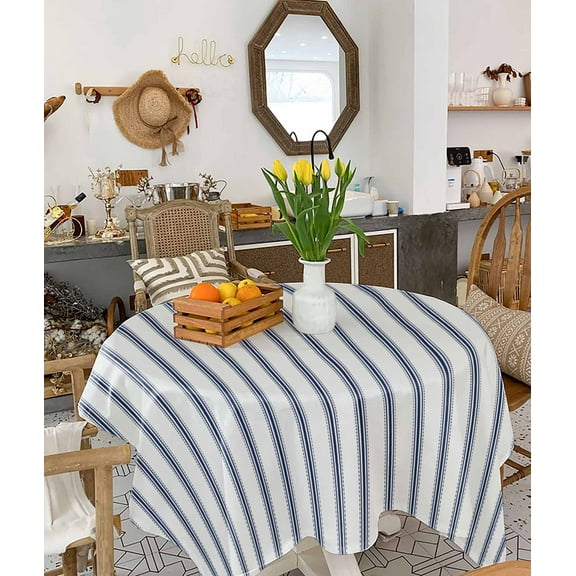 Navy Blue Striped Tablecloth Square Table Cloth 60x60 , Waterproof Tablecloth Outdoor Table Cloth, Navy Blue White Stripes Farmhouse Washable Table Cover for Kitchen Dining Party
