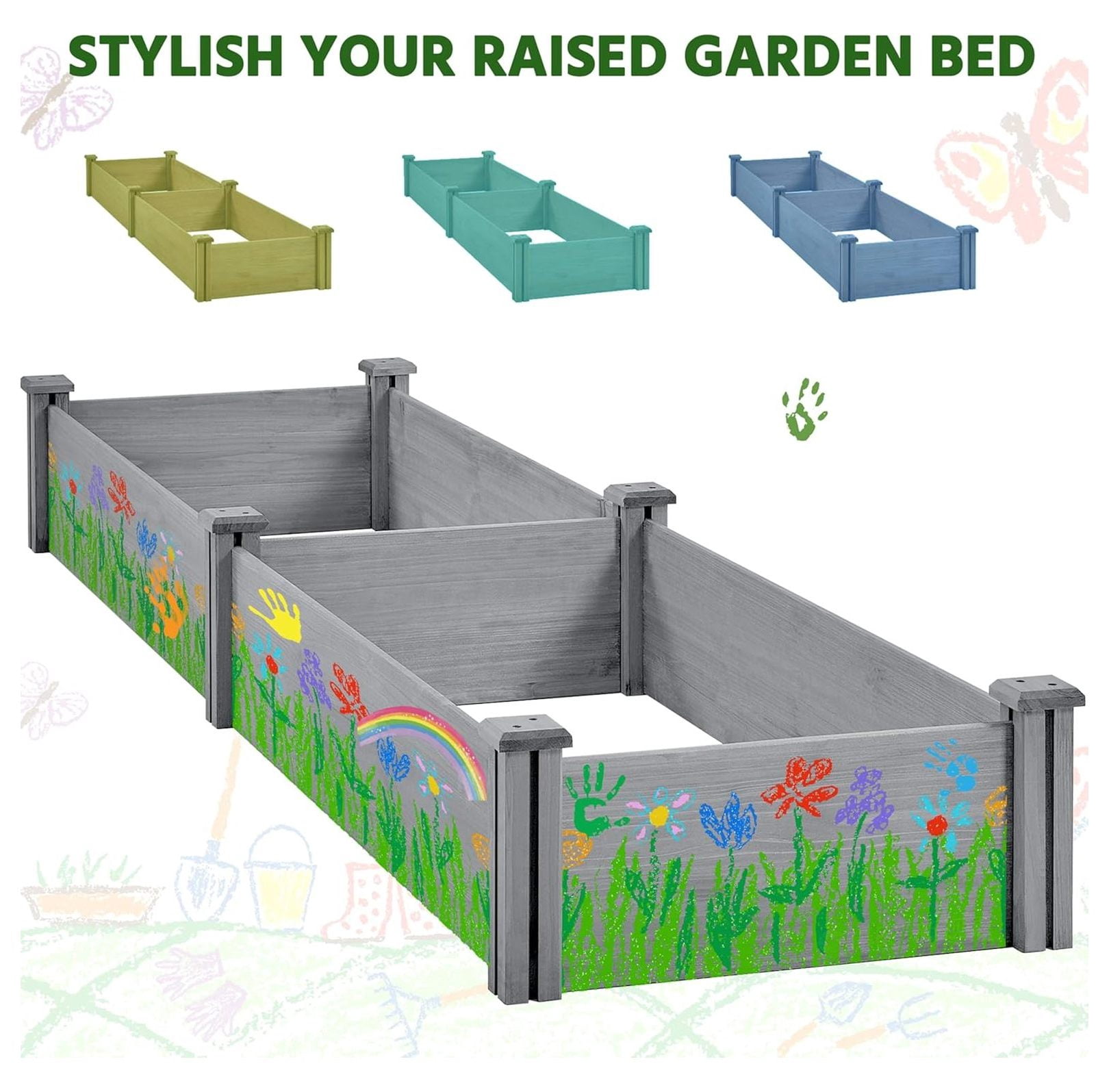 95 x 25 x 11inches Wooden Elevated Raised Garden Bed 8x2ft Raised Kit Divisible - Garden Planter Boxes for Vegetables Outdoor Outside, Gray