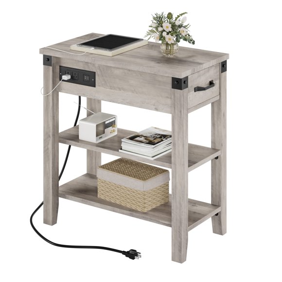 GloryStar End Table with Charging Station, 3-Tier Narrow Bedside Table with Drawer, Storage Shelves, and Built-In Outlets for Living Room, Bedroom, or Office