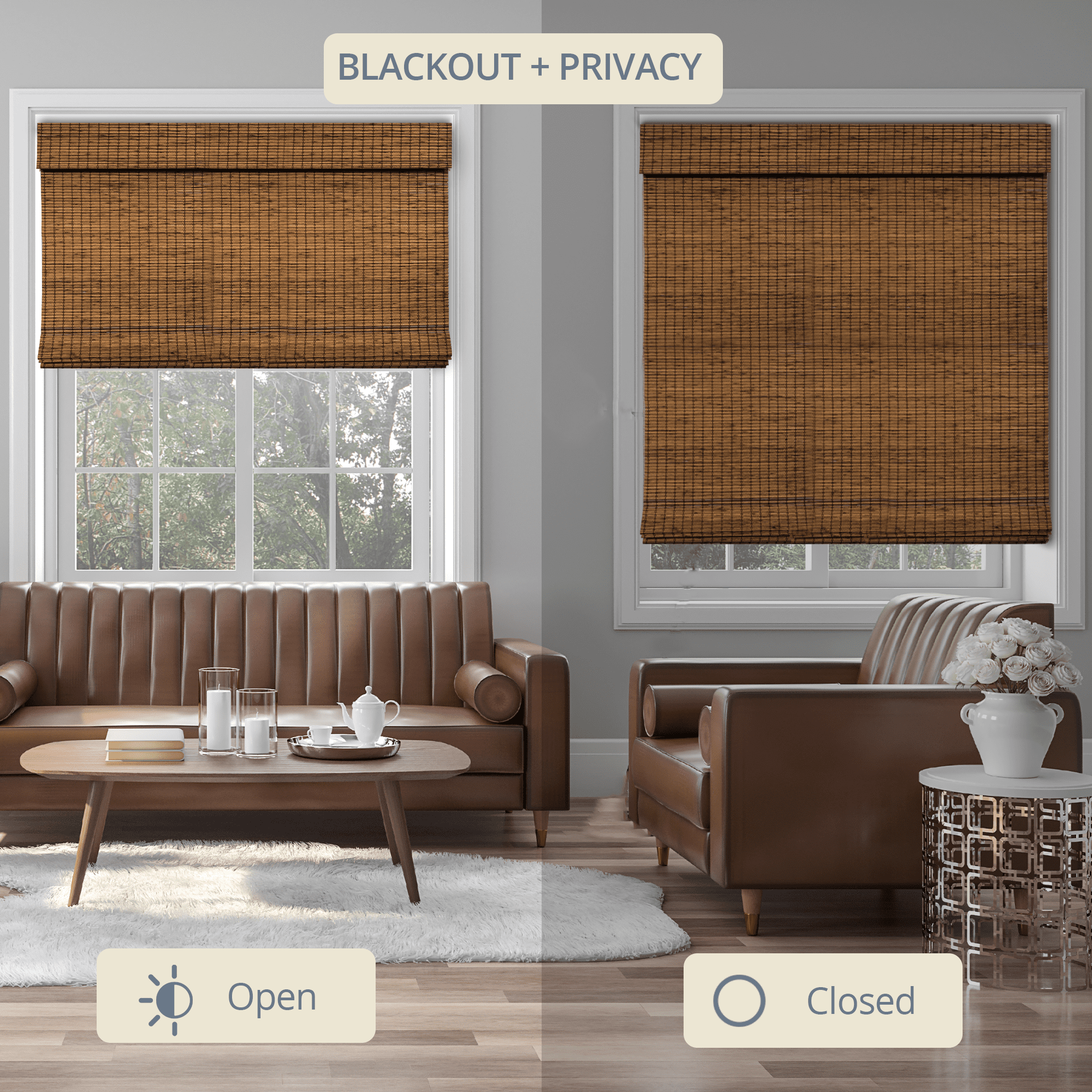 Natural Woven Light Filtering Cordless Bamboo Roman Shades for Windows, 29.5 in. W x 36 in. L, Frost