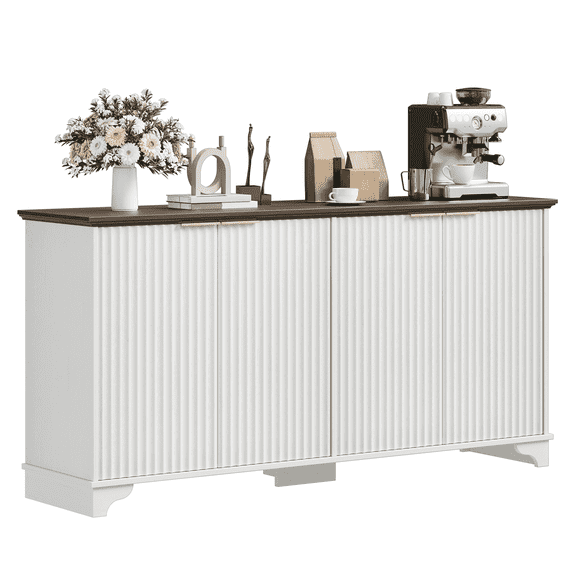 EastVita 61 Inch Modern Fluted Buffet Cabinet Kitchen Storage Cabinet Wooden 4-Door Sideboard with Adjustable Shelves Accent Furniture for Living Room Dining Room White