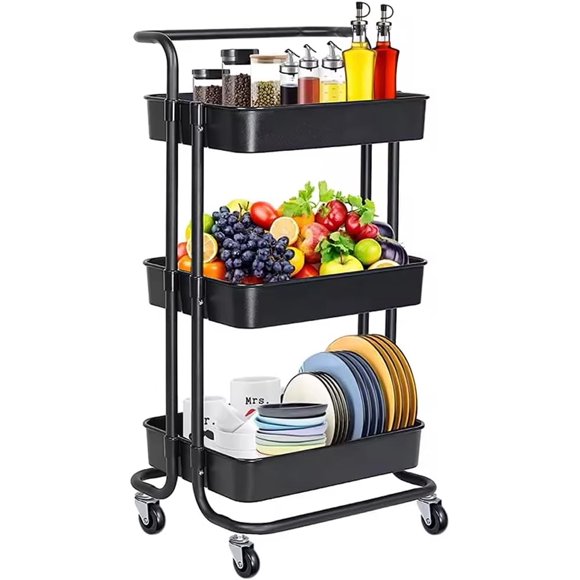 Kunova 3 Tier Utility Cart, Rolling Metal Organization Cart with Handle and Lockable Wheels, Multifunctional Storage Shelves for Kitchen Living Room Office Black