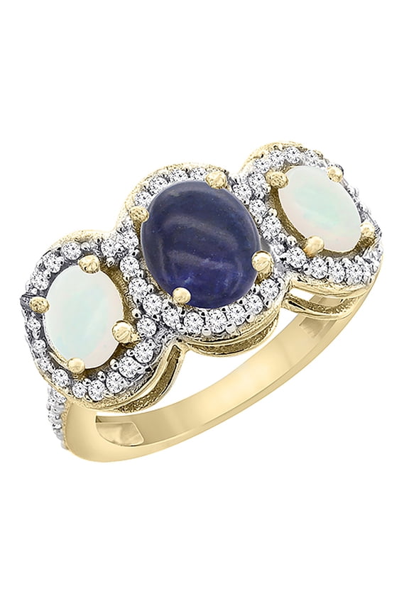 14K Yellow Gold Natural Lapis & Opal 3-Stone Ring Oval Diamond Accent, size 5