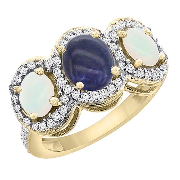 14K Yellow Gold Natural Lapis & Opal 3-Stone Ring Oval Diamond Accent, size 5.5