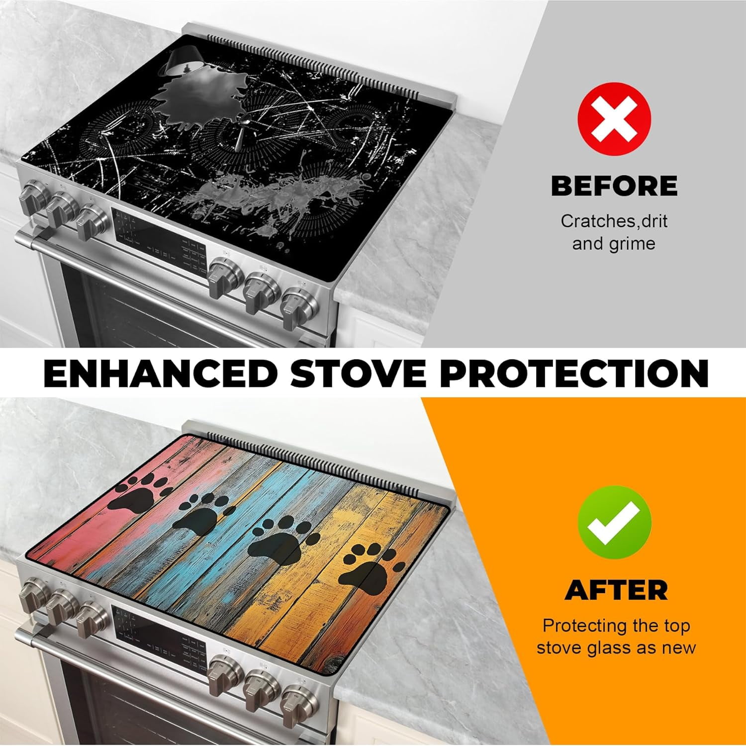 Heat-Resistant Glass Stove Top Cover with Anti-Slip Rubber Coating – Electric Stove Protector, Scratch-Resistant, Expands Counter Space, Stylish Kitchen Decor (Dog Paw Print)