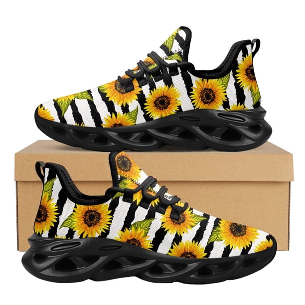 Zapatos planos cómodos con rayas blancas y negras de girasoles, zapatillas de deporte de verano transpirables y bonitas para mujer, zapatos para caminar de malla