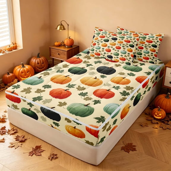 Homewish Vintage Fall Pumpkin Zipper Twin Comforter Sets with Fitted Sheet and 2 Pillowcases, Autumn Maple Leaf Zipper Bedding Set, Cream Mixed Hues, Polka Dots Reversible