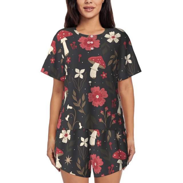 Balery Fly Agaric and Flowers Conjunto de Pijama para Mujer con Estampado, Dos Piezas de Manga Corta y Shorts, Ropa de Dormir Suave con Cuello Redondo y Bolsillos-X-Large