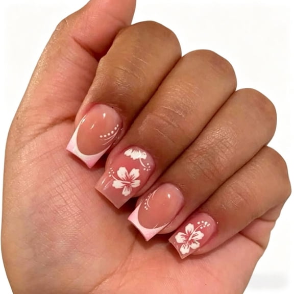 24PCS Short Square Press On Nails with Pink French Tip & White Hibiscus Flower Design, Nude Glossy Fake Nails, Natural Fit False Nails for Women, Summer Beach & Daily Manicure, Salon & Home Use