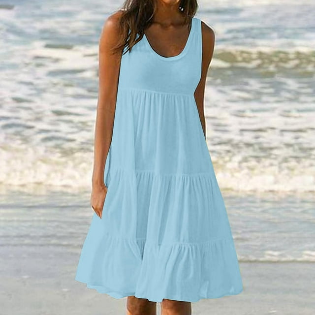 FcBaudy Robes d'Été pour Femmes, Robes pour Femmes, Jupe pour Femmes Robe d'Été pour Femmes à Col Rond Imprimée Sans Manches Robe de Plage pour Femmes Jupe en Coton