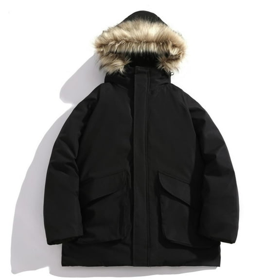 gbyLJF Men's Winter Coat Thickened Solid Color Zipper Warm Jacket Mid-length Long Sleeve Hooded Top with Pockets