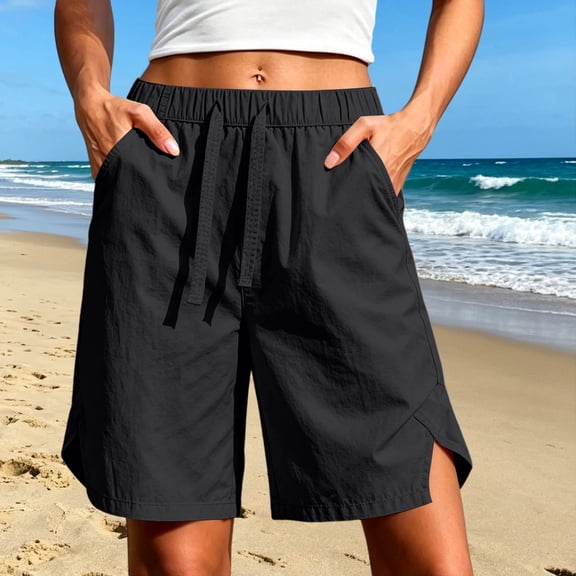 Costeam Womens Solid Drawstring Elastic Waist Knee Length Bermuda Shorts Side Split Hem Dual Side Hand Pockets Lightweight Woven Loose Fit Summer Casual Short Bottoms