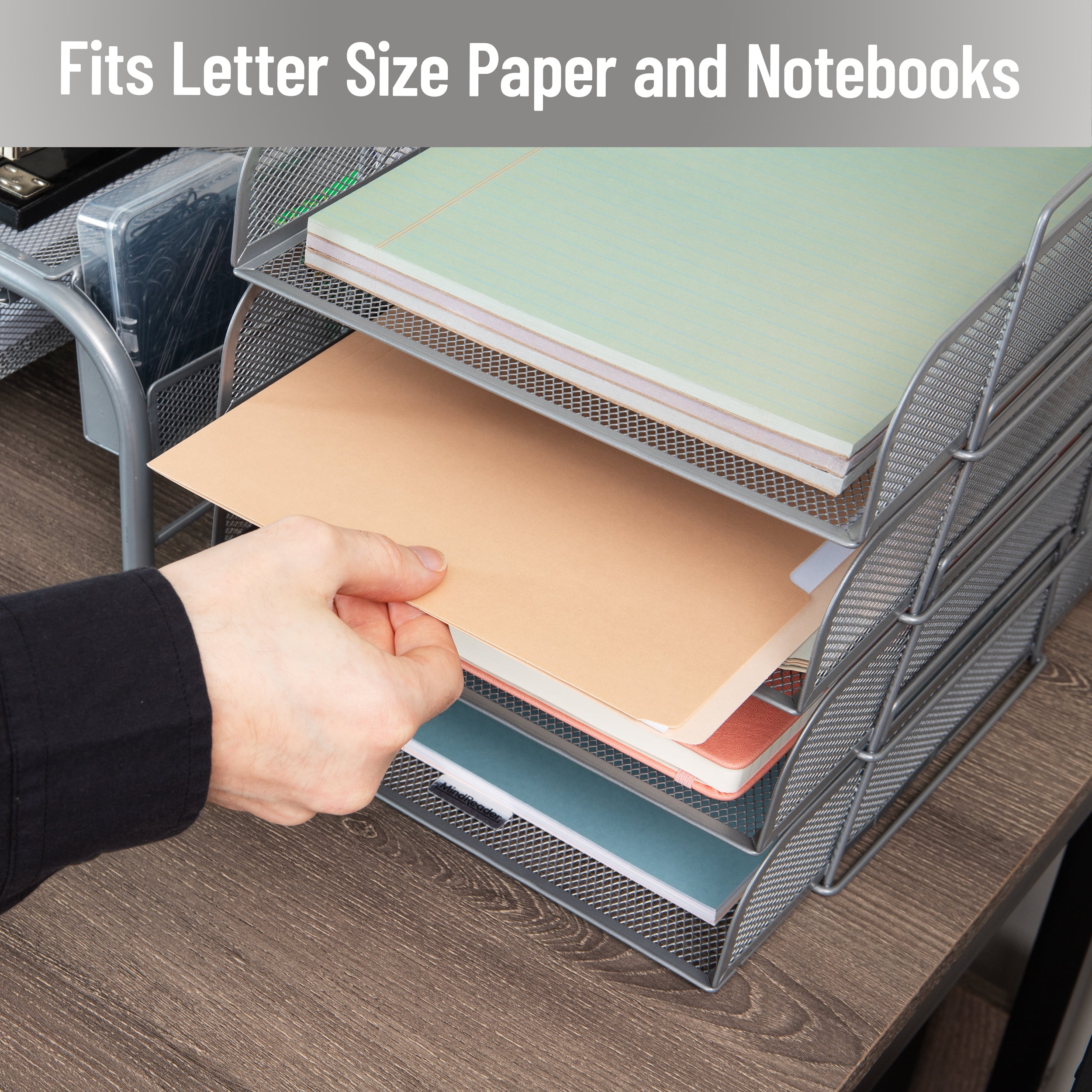 Mind Reader Stackable Paper Tray, Desktop Organizer, File Storage, Office, Metal Mesh, 10.5"L x 13.5"W x 11.25"H, 4 Pcs., Silver