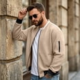 thumbnail image 4 of Vxararl Men Winter Bomber Windbreaker Jacket, Full Zip Baseball Collar Varsity Casual Long Sleeve Outer Coat with Side Hand Pockets for Commuting Travel Outdoor Daily Wear Khaki XL, 4 of 7