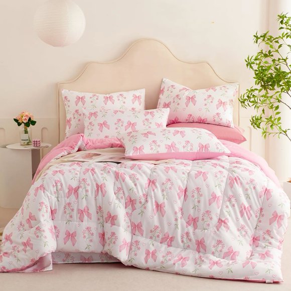 Nayoroom 2 Pieces Girls Pink Floral Twin Comforter Set Romantic Princess Style Bowknot Bedding Set Ultra Soft Reversible Garden Flower Comforter with Pillowcases