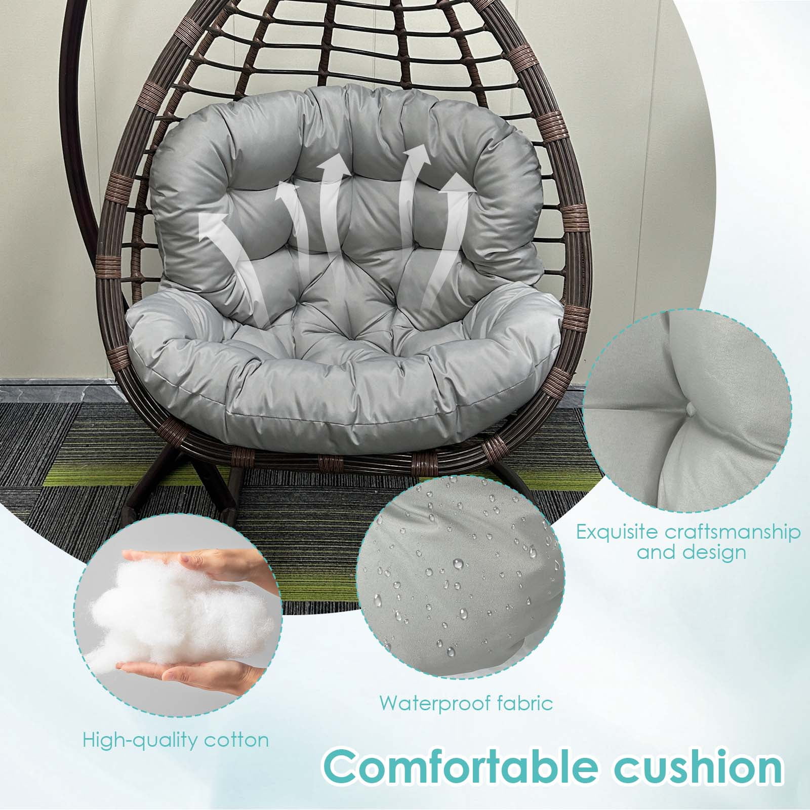 Eurhowing 4" Thick Egg Chair Cushion Replacement, Waterproof & Non-Slip Outdoor Patio Swing Chair Cushions, High-Density Soft Hanging Basket Seat Cushion, Gray