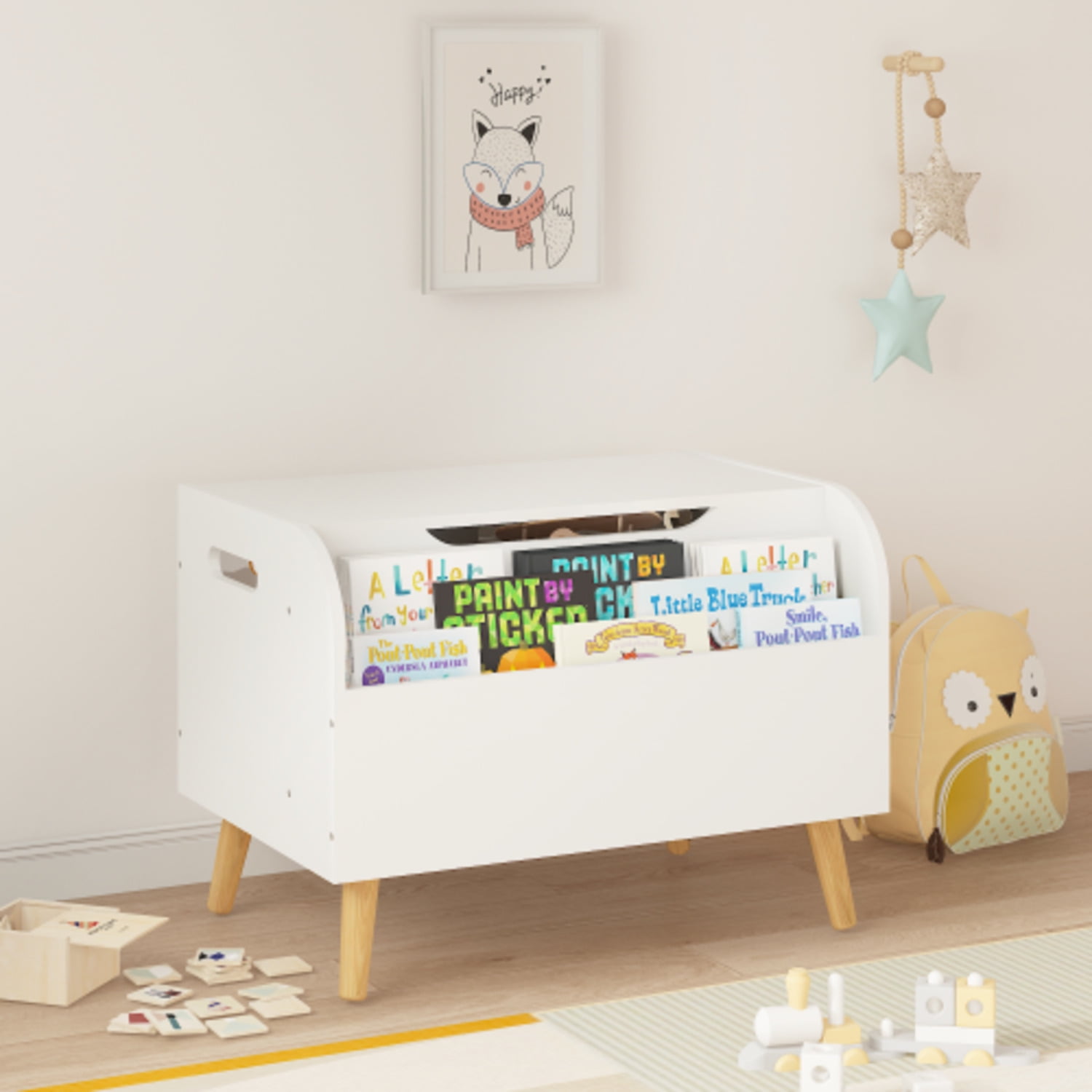 Wooden Toy Box Kids Toy Storage Organizer With Front Bookshelf Flip-top Lid Safety Hinge Boys Girls Toy Chest Bench For Playroom Kids Room Organization White