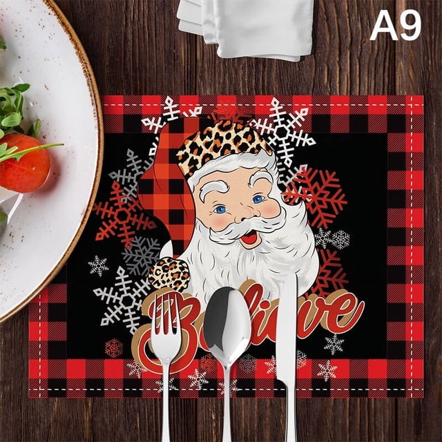4pcs/set Set de Table de Noël Ensemble Rouge Plaid Modèle Cuisine Sets de Table Santa Claus