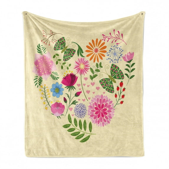 Heart Soft Flannel Fleece Throw Blanket, Various Colorful Flowers and Butterflies Forming a Heart Shape on Cream Backdrop, Cozy Plush for Indoor and Outdoor Use, 60" x 80", Multicolor, by Ambesonne