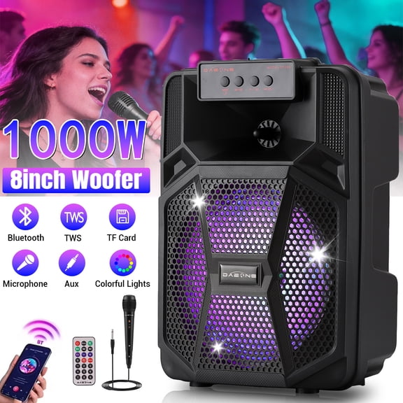 RIDWIND 1000W TWS Portable Bluetooth Speaker With 8 inch Woofer & 1.5 inch Tweeter Heavy Bass Sound System & Wired Microphone Party Lights