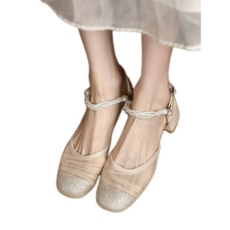 

Crocowalk Womens Summer Sandals Ankle Strap Dress Sandal Chunky Block Heels Women Shoes Party Low Heel Pearl Decor Apricot 6