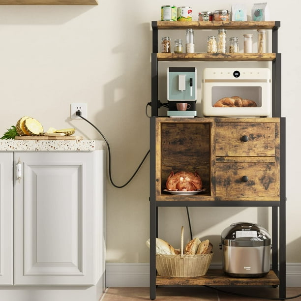 Wood Bakers Rack with Power Outlet, 5 Tier Kitchen Sideboard Bar