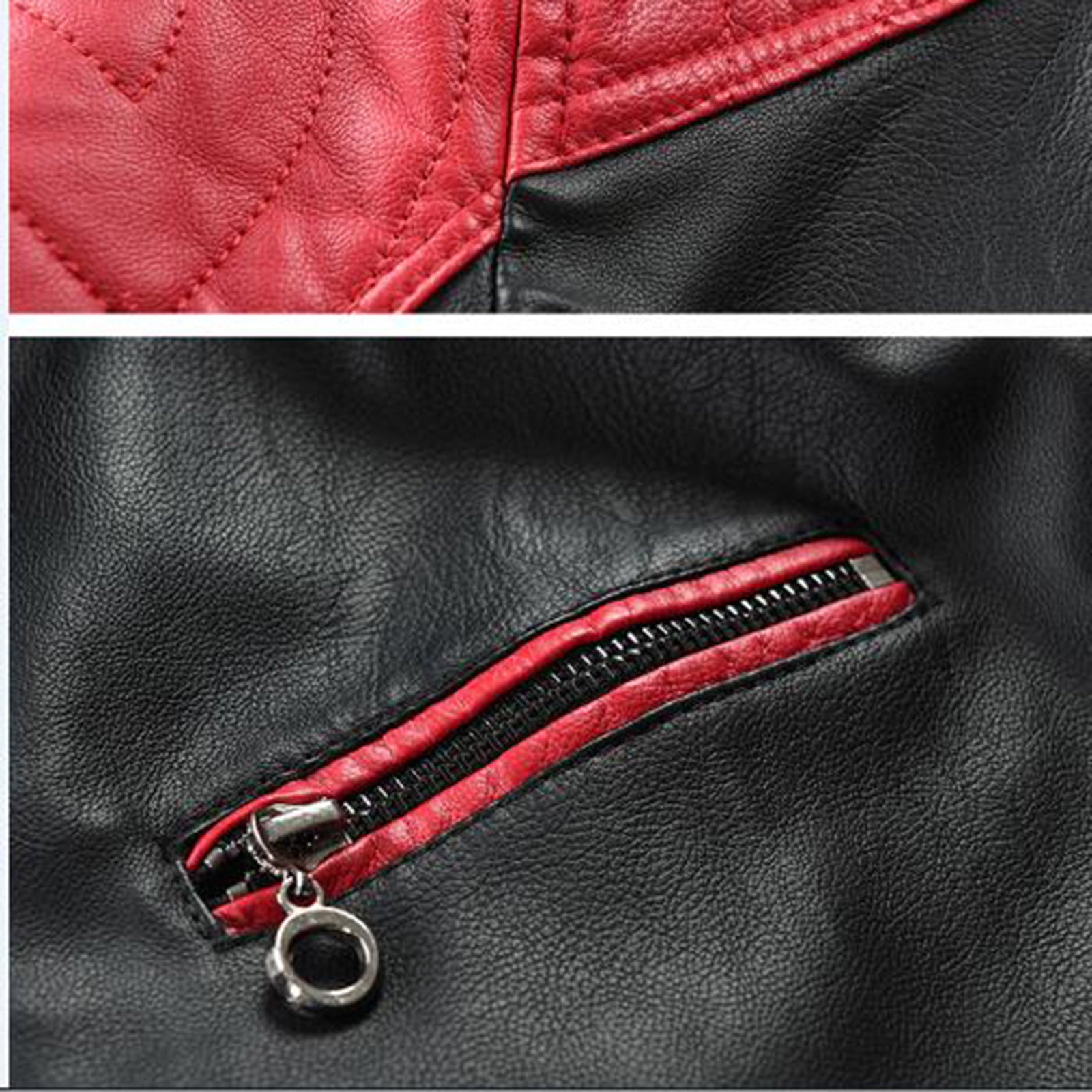 IROINNID Men's Faux Leather Stand Collar Long Sleeve Color Block Leisure Stand Collar Pocket Color Block Jacket